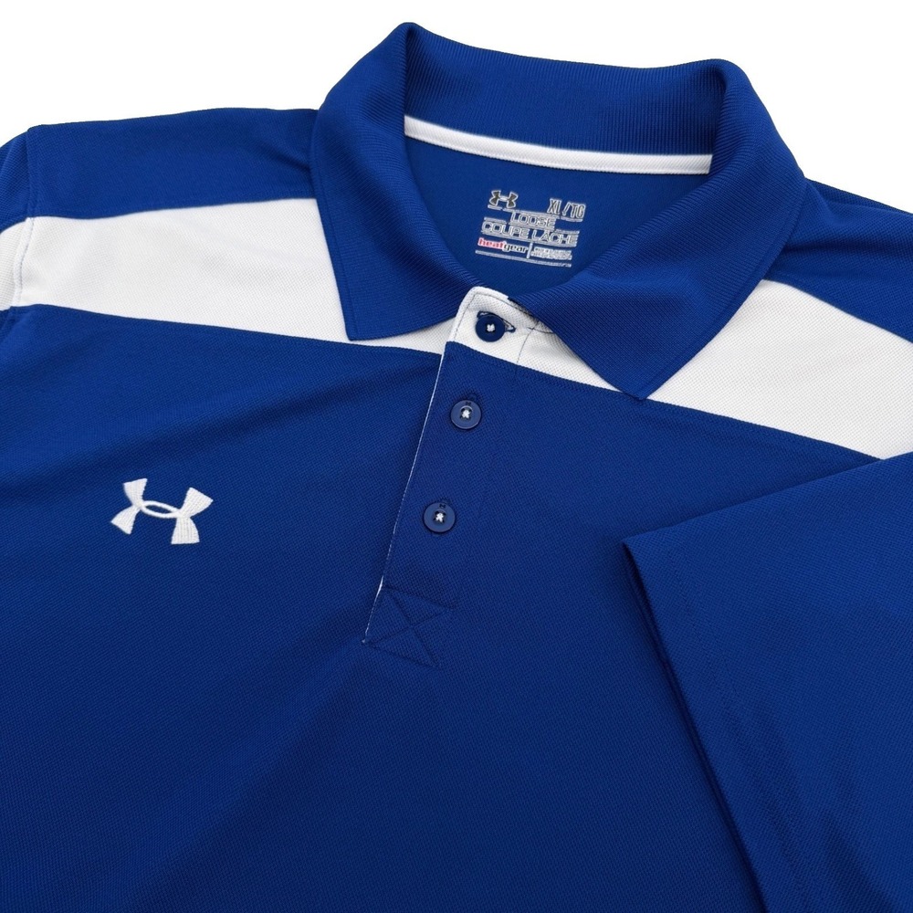 Under Armour Polo Shirt Mens XL Blue White HeatGear Loose Fit Golf Activewear
